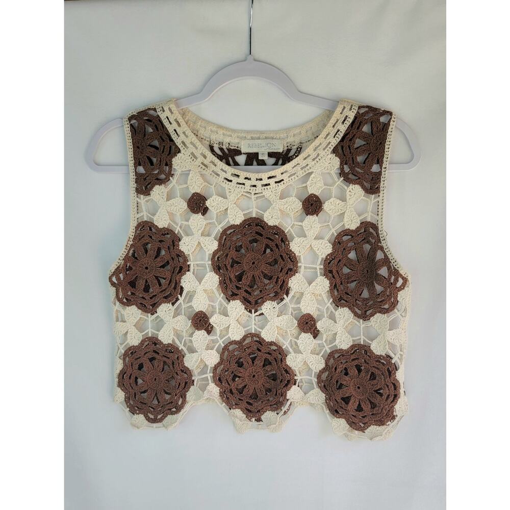 Boho Hippie REBELLION AGAIN Brown & Ivory Crochet Crop Top Size Small Festival - Picture 2 of 5